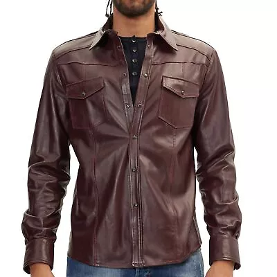 New Men's Wine Red Leather Shirt Real Soft Lambskin Motorcycle Casual Slim Shirt • $118.99