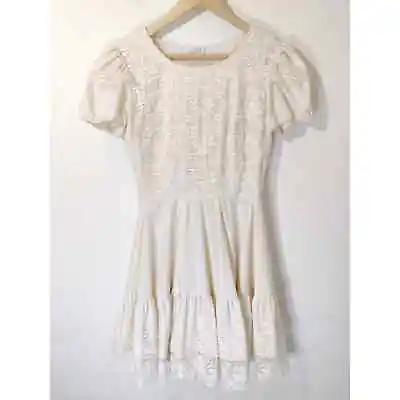 Vintage Kate Schorer Square Dance Ivory Lace Short Sleeve Tiered Dress Size S • $26.24