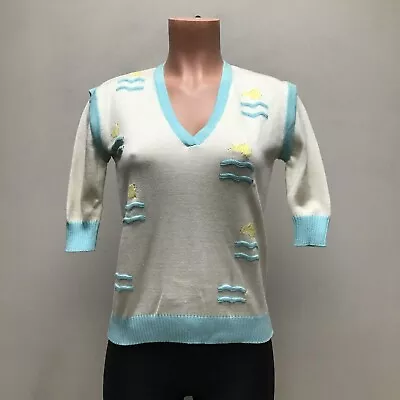 Vintage Courreges Women White Blue Ringer Short Sleeve V-Neck Knit Sweater Top 0 • $64.95