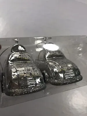 Set Of 2 VW Beetle Car Christmas Tree Ornaments Silver Glitter Shimmer Holiday  • $10.48