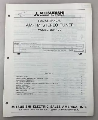 Mitsubishi DA-F77 AM/FM Stereo Tuner Original Service Manual  Free Shipping • $18