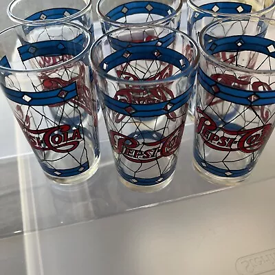 Set Of 6 Vintage Pepsi-Cola Stained Tiffany Style Drinking Cup Glasses 1970 • $20.50