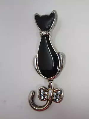 Vintage Best Black And Silver Cat With Wagging Tail Clear Rhinestones Brooch Pin • $7