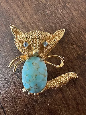 Vintage 60s Gold ART(c) Arthur Pepper Jelly Belly Style Fox Turquoise Brooch Pin • $10.27