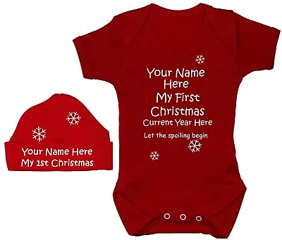 Personalised My First Christmas With Year Baby Grow Bodysuit Romper & Beanie Hat • £10.99
