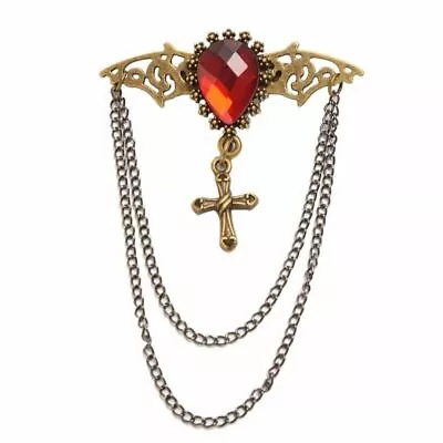 Steampunk Brooch Breastpin Breast Pin Gothic Wing Cross Red Crystal • $4.50