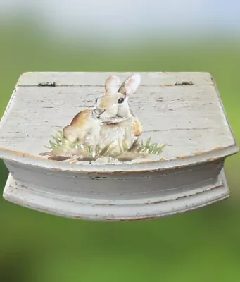 Wood Lidded Box Bunny Rabbit Art Distresssed- Handcrafted 11  X 6.25  • $14.99