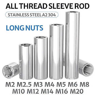 A2 Stainless Steel All Thread Sleeve Rod Bar Stud Round Connector Tube Long Nuts • £4.07