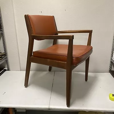 Vintage MCM Mid Century Modern Danish Wood Dining Desk Arm Chair W/ Leather Seat • $225