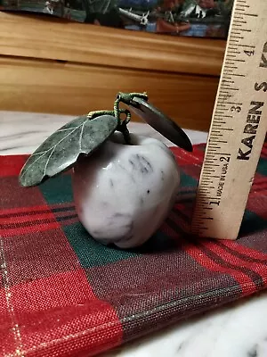 White Marble Apple Fruit Paperweight Green Stone Leaves 3  Tall • $6