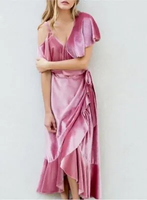 NWT Mia Joy Joyfolie Nigella Pink Rose Velvet Wrap Ruffle Dress Size Medium • $79.99