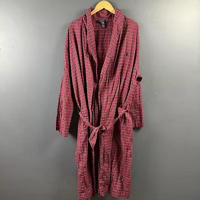 Polo Ralph Lauren Red Plaid Cotton Flannel Robe Pony Logo Shawl Neck Mens Small • $25.50