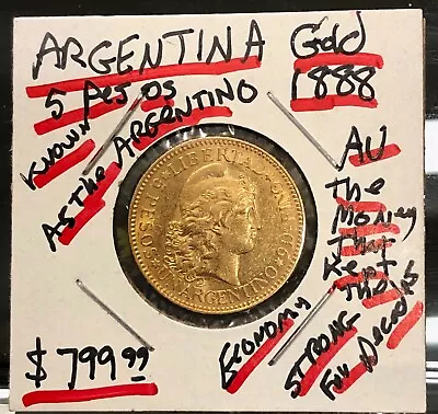 Argentina 5 Pesos 1888 Lustrous Rare-- Gold Argentino Coin Depicts Lady Liberty • $619.99