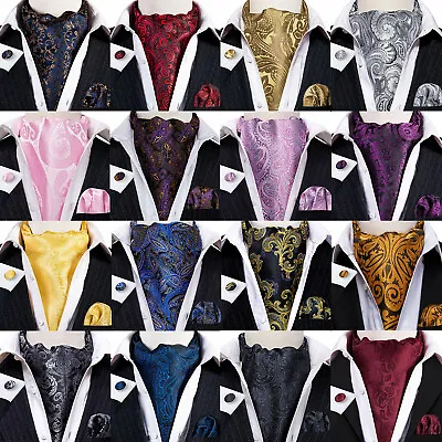 Men's Silk Ascot Tie Green Gold Black Paisley Tie Pocket Square Cufflink Set • $11.99