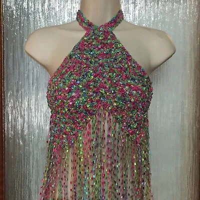 £10 • Buy ❤️Handmade Rainbow Crochet Halter Fringe Crop Top Size 8/10 Festival Bralet Boho
