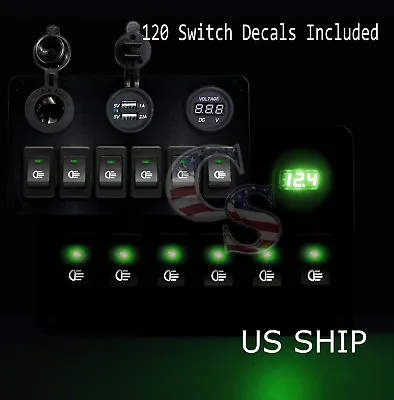 Car Marine Boat 6 Gang Circuit Green LED Rocker 35A Heavy Duty Switch Panel • $26.95