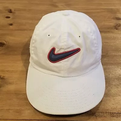 Vintage Nike Hat Cap One Size White Blue Swoosh 90s Casual Dad Stretch Fitted • $17.56