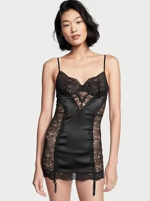 Victoria's Secret M GARTER SLIP Dress Merrywidow BLACK Lace Panel Satin • $99.99