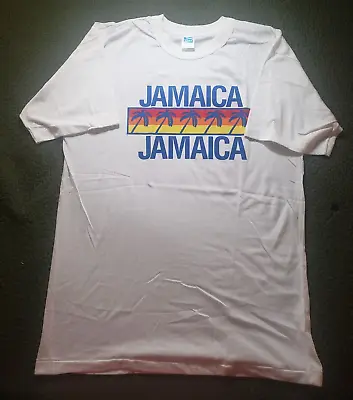 Vintage Jamaica Shirt Mens L White Blue Palm Trees Graphic Single Stitch 90s • $24.99