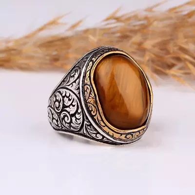 Natural Genuine Tiger Eye Gemstone Men's Ring In 925 Sterling Silver Jewelry • $41.49