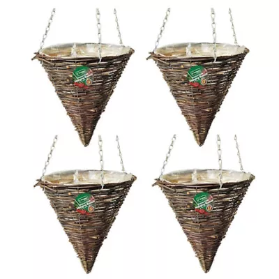 4 X 12  Natural Wicker/Rattan Cone Hanging Basket Garden Planter Chain And Liner • £23.99