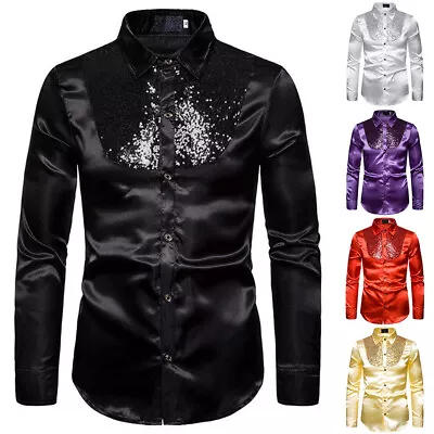 Men's Sequins Long Sleeve Shirts Party Nightclub Dance T-Shirt Shiny Button Tops • $17.38