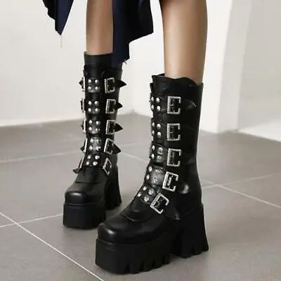 Women's Gothic Shoes Ankle Boots Fashion Punk Buckle Strapthick Mid Heel New • $68