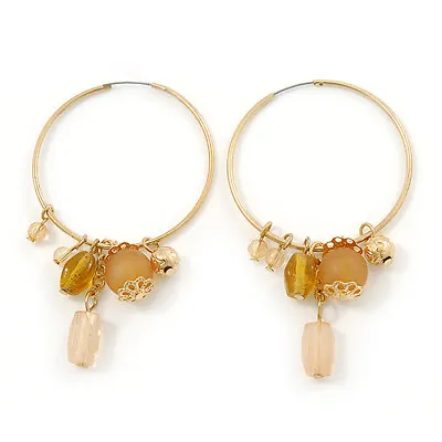 £6.99 • Buy Gold Tone Hoop Earrings With Beaded Charms - 40mm D