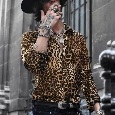 Mens Leopard Animal Print Long Sleeve Club Party Shirt Blouse Mens Tops • £11.88