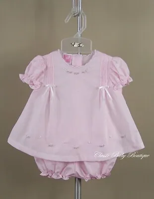 NWT Will'beth Pink Pintuck Pearl 2pc Dress Preemie Bloomers Girls Sz 00 Ribbons • $42.29