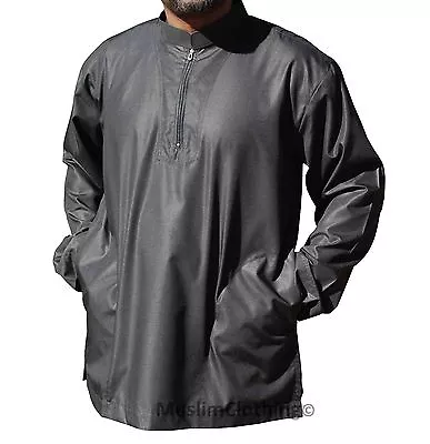 Long-sleeve Black Men Shirt Short Collar Muslim Clothing Kurta Islamic Khamees  • $30.70