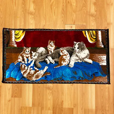 $34 • Buy Velvet Tapestry Textile Rug Cat With Kittens 70s Vintage 39 X20 