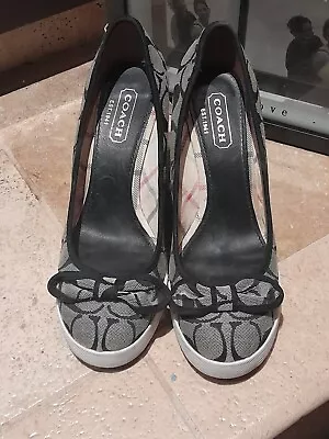 $45 • Buy Coach Brown Signature Sweetie Q284 Wedge Sneakers Canvas W/ Bow Women's Size 9.5