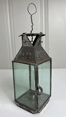 Antique Primitive 19th Cen Tin Candle Lantern 9” Tall 5” X 3” Glass Sides 1860s • $69.99