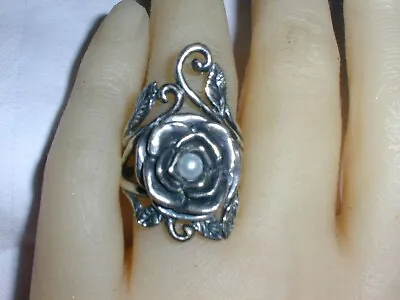 Vintage Israel Bold Modernist Sterling Rose Flower Ring With Pearl- Size 7 1/2! • $39