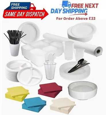 Party Tableware Set Paper Banquet Roll Napkins Disposable Plates Drinking Cups • £6.60
