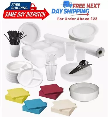 Party Tableware Set Paper Banquet Roll Napkins Disposable Plates Drinking Cups • £8.51