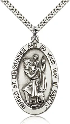 Large Saint Christopher Medal For Men Oval Sterling Silver Necklace On 24 Chain • $146.50