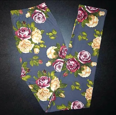 NWT Buttery SOFT Gray Floral Leggings One Size S M L Yellow Flowers Roses OS • $24.99