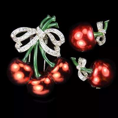 Mazer Pave Metallic Enamel Three Cherries W Bow Pin Clip & Clip Earrings Set • $1575