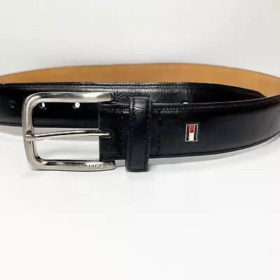 Tommy Hilfiger Belt Mens 34 Black Imi Leather Silver Tone Buckle Logo Dress • $14.99