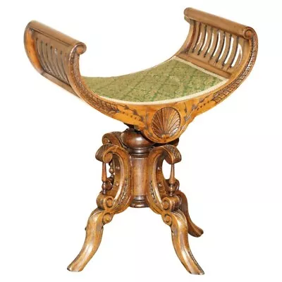 Antique Victorian Walnut Music Dressing Table Stool Decorative Base Curved Seat • $1788.07