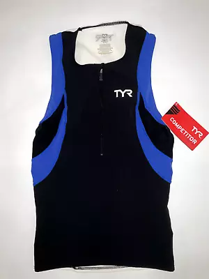 TYR Mens Med Black Blue Triathlon Zip Front Exercise Singlet Tank COMPETITOR New • $26.36