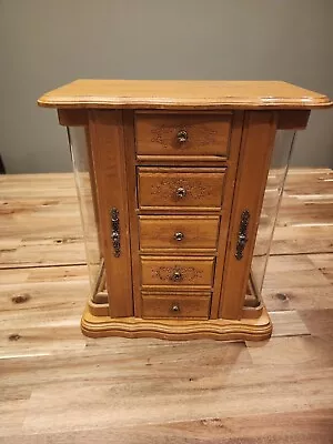 13” Vintage Solid Wood Jewelry Cabinet - Table Top Armoire READ DESCRIPTION • $55.99