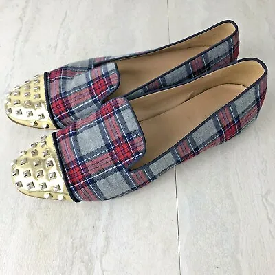 J.CREW Plaid Gold Studded Toe Flats Women's Size 9 Style 08896 Red Grey • $29.95