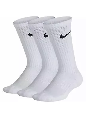 3-Pack Unisex Nike WHITE Cotton Cushioned Crew Socks Men's M6-8/L8-12 • $21.99