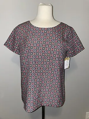 J. Crew Navy Blue Pink And White Top W/Geometric Print Size Small • $23