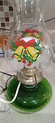  Vintage Christmas Antique Green Glass Hurricane Electric Lamp + Shade  • $29.99