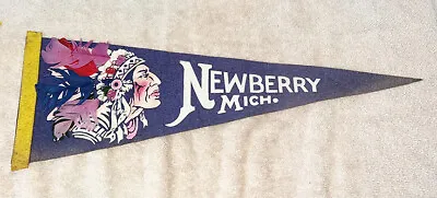 Souvenir Felt Pennant Newberry Mich. Native American Chief Feathers Headdress  • $45