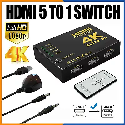 4K HDMI Switch Switcher 5 Port Splitter Hub IR Remote For HDTV PS5 & 5 In 1 Out • £6.99